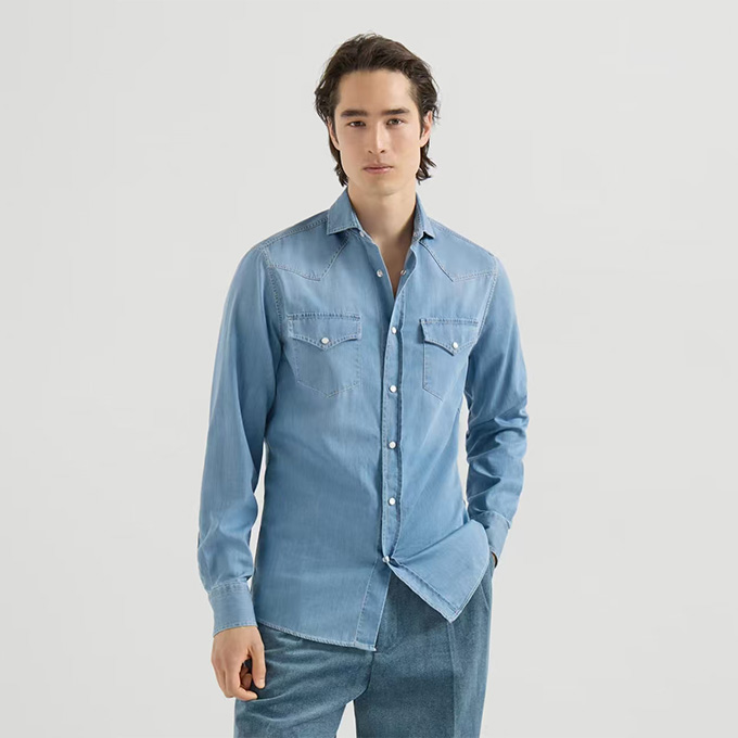 brunello cucinelli washed denim western style long sleeve button up shirt